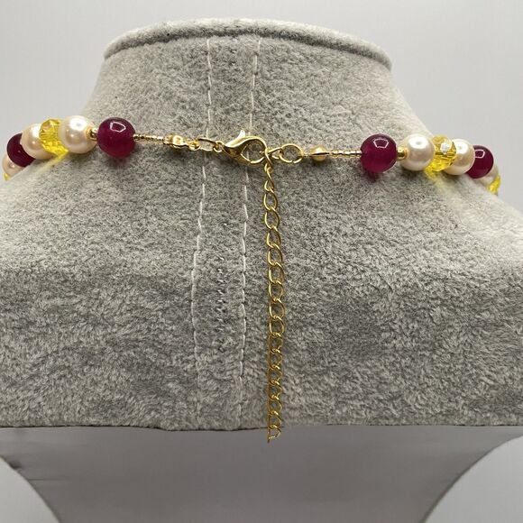 Earth mined Red Gemstone Glass Pearl Yellow Glass Beaded Necklace Statement - Picture 5 of 7
